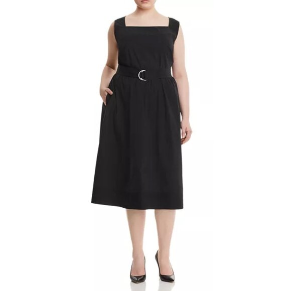 Lafayette 148 Old Money Preppy Midi dress Large 14 Black Square Neck Fit-Flare - Picture 1 of 16